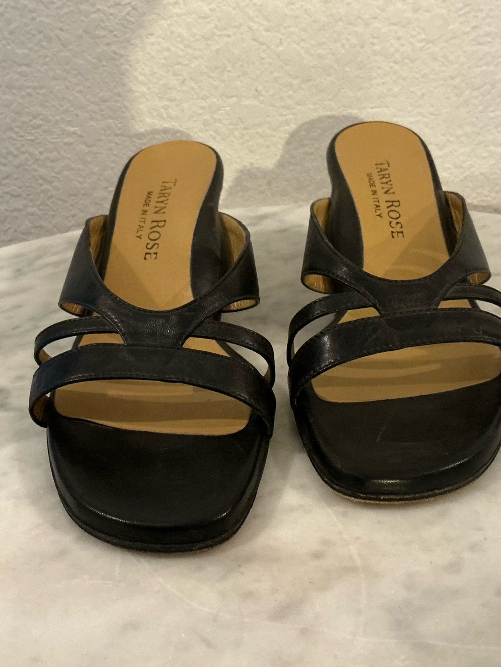 Taryn Rose Black Leather Multi-Strap Slide Mules